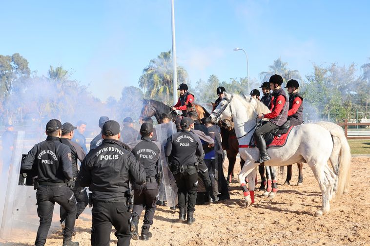 Adana Emniyet Müdürlüğü Çevik Kuvvet Şube Müdürlüğüne bağlı Atlı Polis Grup Amirliği, atlı birliklerle toplumsal olaylara müdahale yeteneklerini sergilemek amacıyla tatbikat düzenledi.