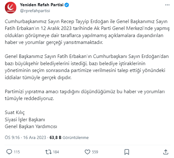 Erbakan'ın büyükşehirleri istediği iddialarına yalanlama