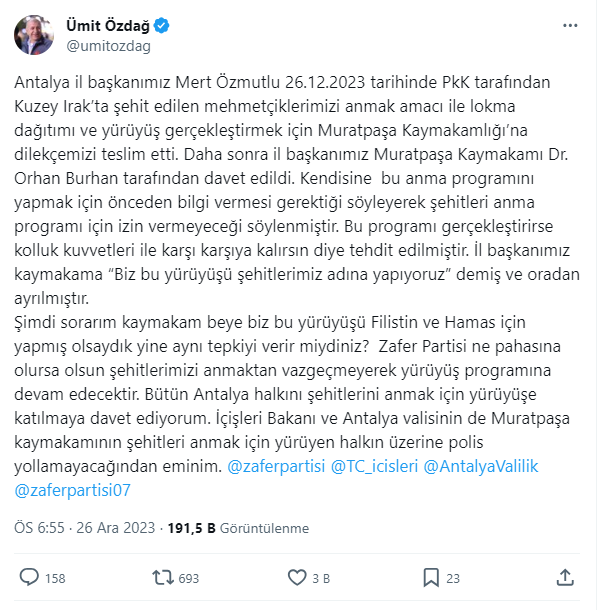 Zafer Partisi'nin şehitleri anma yürüyüşüne izin verilmedi