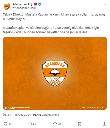 Adanaspor Teknik Direktör Mustafa Kaplan ile yollar ayrıldı