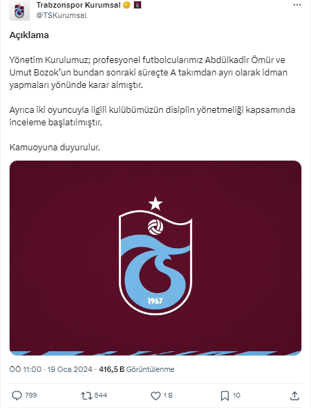Trabzonspor'da iki futbolcuyu kadro dışı bıraktı