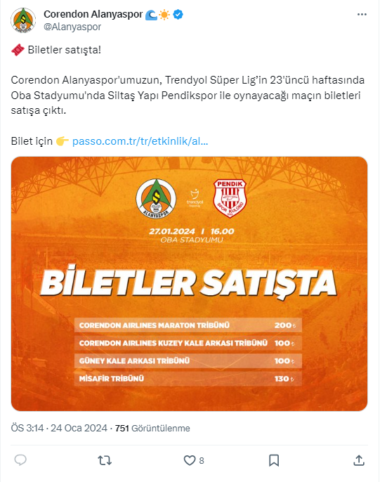 Alanyaspor Pendikspor maçı biletleri satışa çıktı