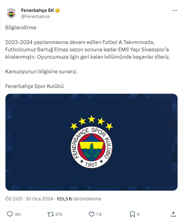 Fenerbahçe genç yeteneği Bartuğ Elmaz'ı Sivasspor'a kiraladı