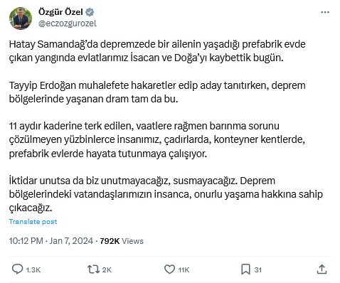 Prefabrik Yangınında Ölmüşlerdi! Özgür Özel'den Erdoğan'a Doğa Ve İsacan Tepkisi