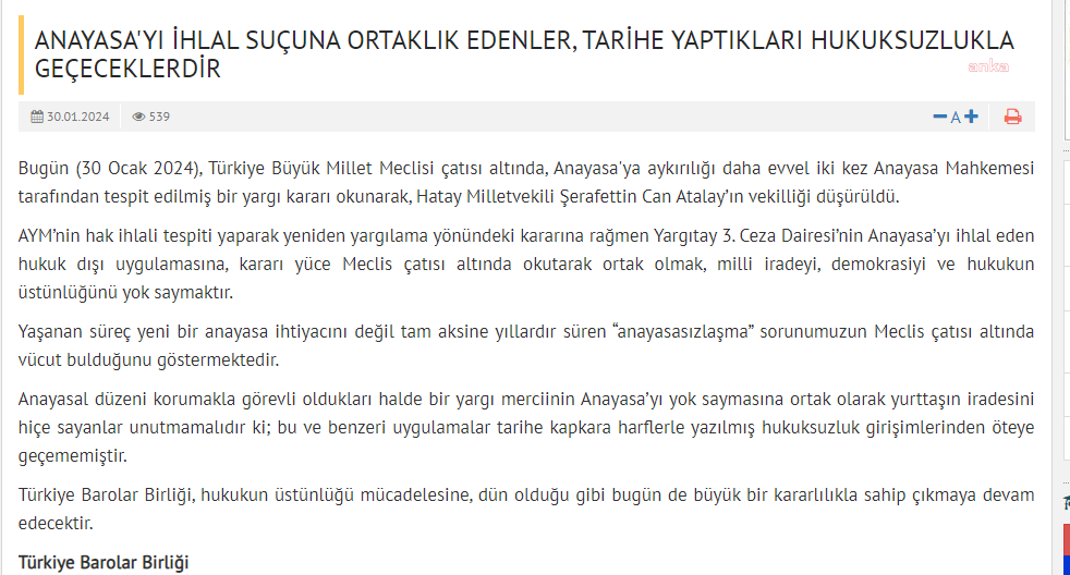 Türkiye Barolar Birliği'nden Can Atalay Açıklaması!