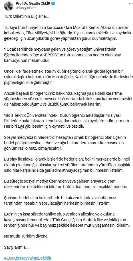 Ytü Profesöründen Üniversiteli Ege Akersoy'un Tutuklanmasına Tepki!