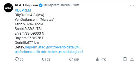 4.3 Büyüklüğünde Deprem Oldu