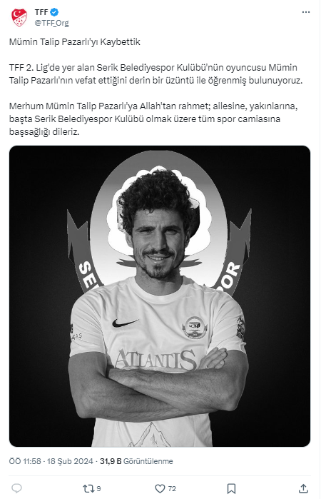 Serik Belediyespor'un oyuncusu Mümin Talip Pazarlı vefat etti