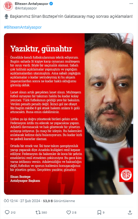 Antalyaspor Başkanı Sinan Boztepe: 'Federasyon ve hakemler istifaya davet edilmeli'