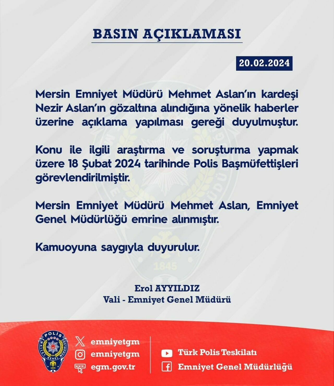 Mersin Emniyet Müdürü Merkeze Çekildi 