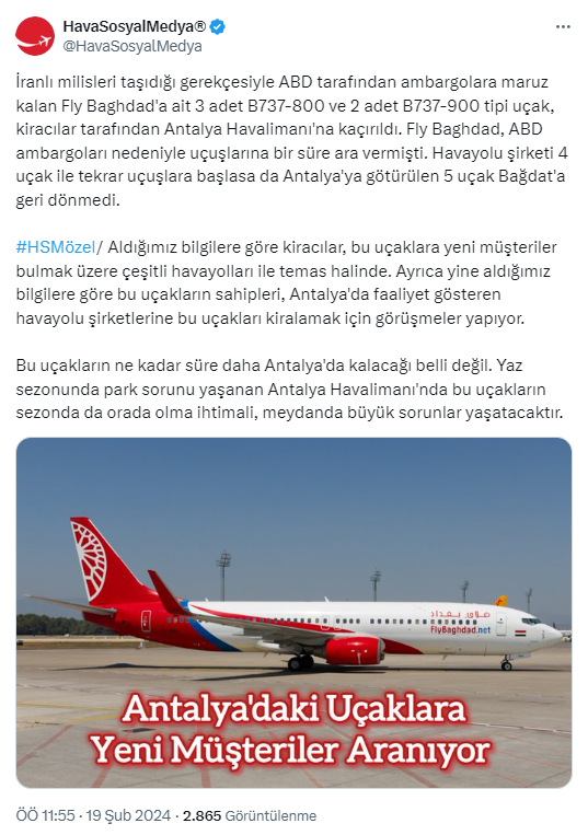 Fly Baghdad'a ait uçaklar Antalya Havalimanı'na kaçırıldı!