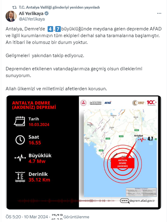 Ali Yerlikaya Antalya Deprme