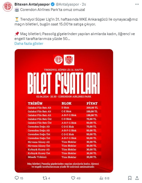 Antalyaspor Ankaragücü maçı biletleri satışa çıktı