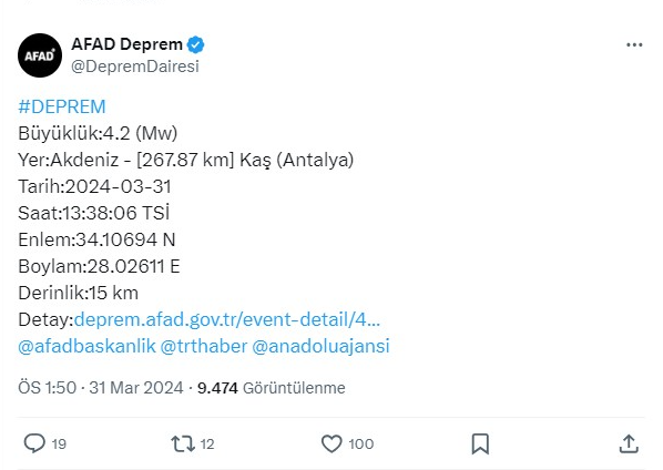 Antalya'da 4.2 büyüklüğünde deprem!
