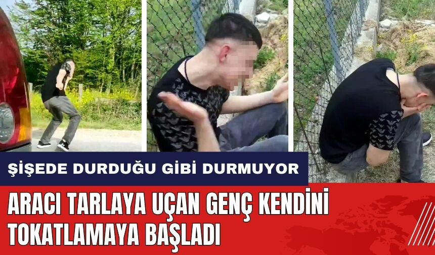 Aracı tarlaya uçan genç kendini tokatlamaya başladı