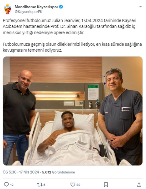 Kayserispor'un Gineli oyuncusu Julian Jeanvier menisküs ameliyatı geçirdi