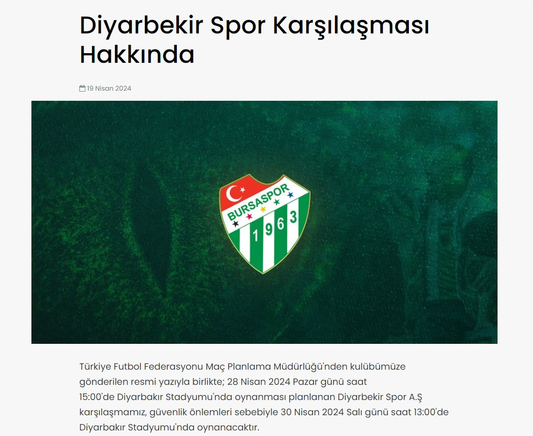Bursaspor Diyarbekirspor maçı tarihi ve saati değişti