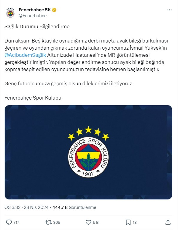 Fenerbahçe İsmail Yüksek'in sakatlık durumu hakkında açıklama yaptı