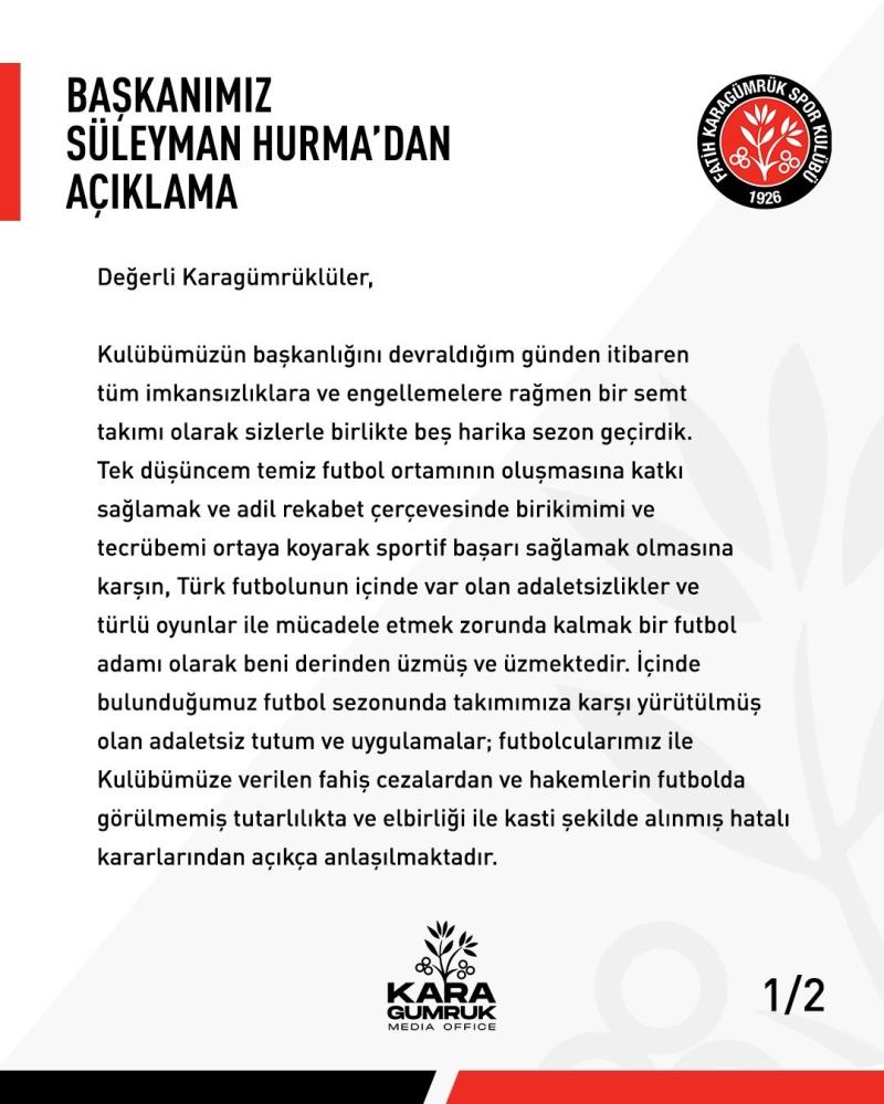 Fatih Karagümrük Başkanı Hurma: 'Süper Lig'e dönüş için kararlıyız'