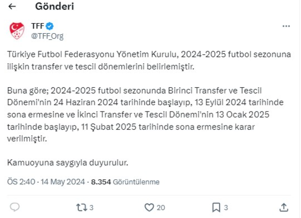 TFF 2024-2025 futbol sezonunda transfer dönemlerini açıkladı