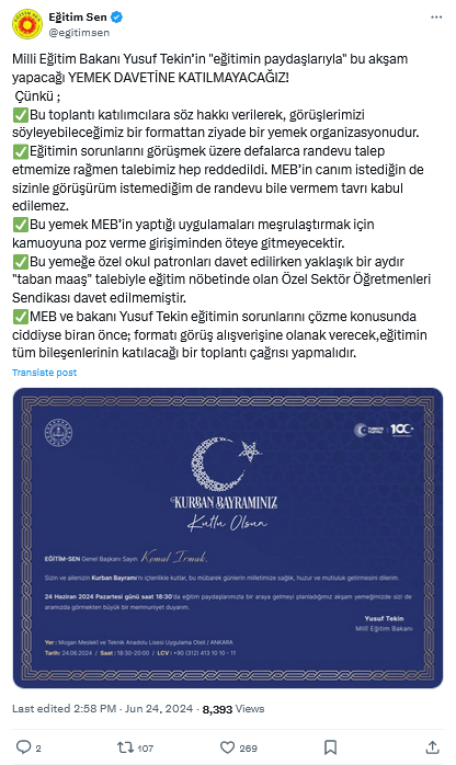 Eğitim Sen'den Meb'in Davetine Ret Eğitim Sorunları Bir Yemekle Çözülemez -1