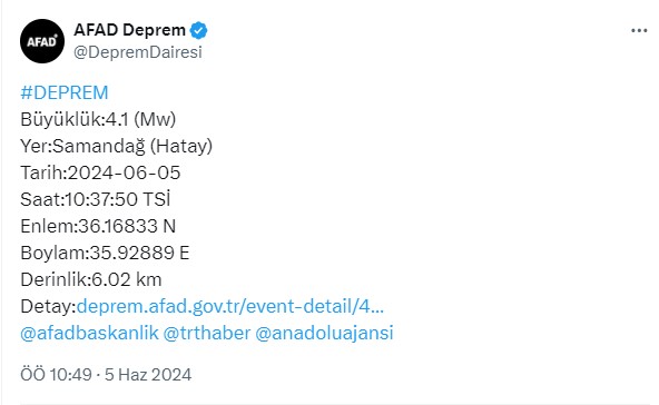 AFAD açıkladı: Hatay'da korkutan deprem