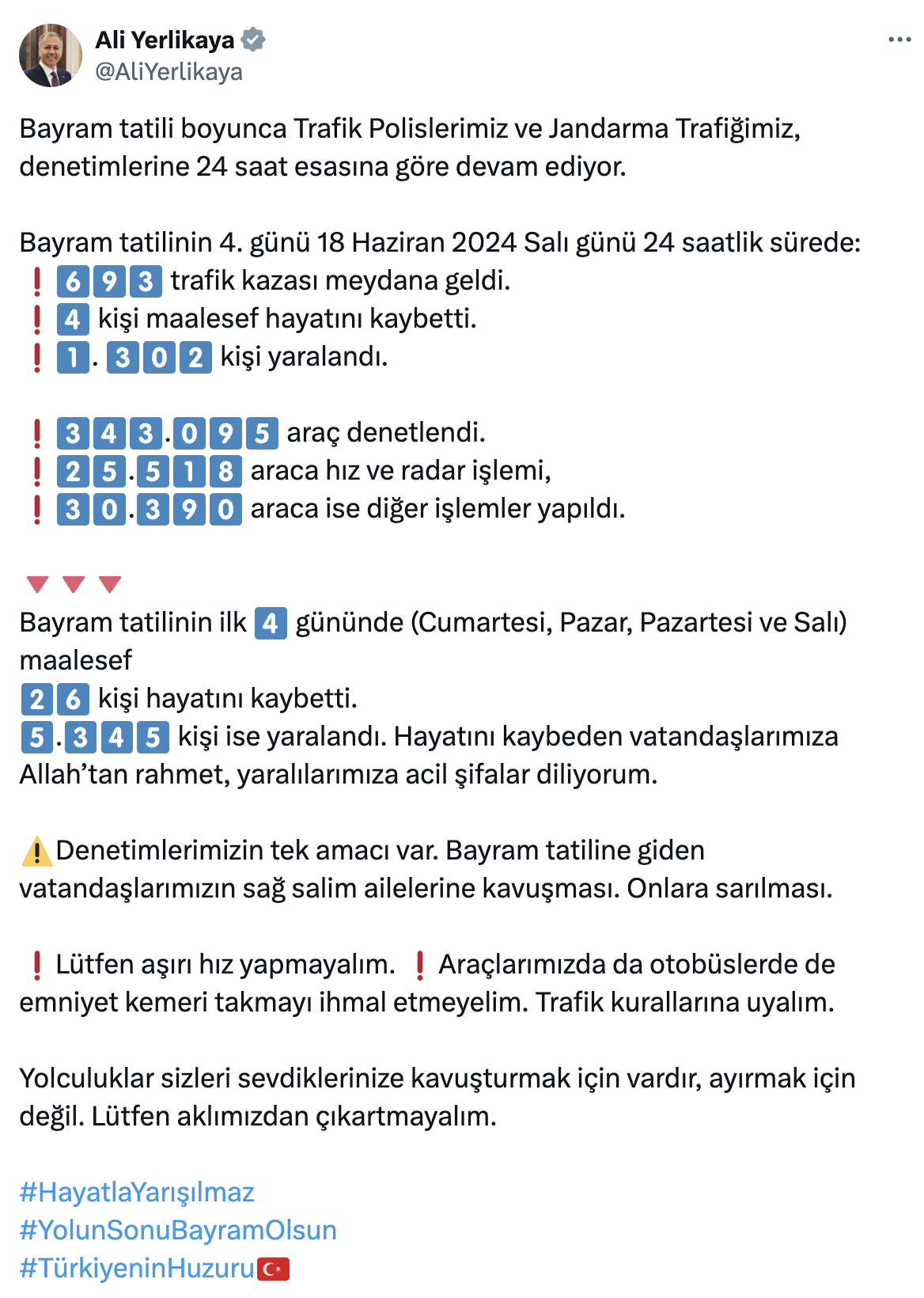 Ali Yerlikaya açıkladı! Bayram tatilinin ilk 4 gününde 26 kişi hayatını kaybetti