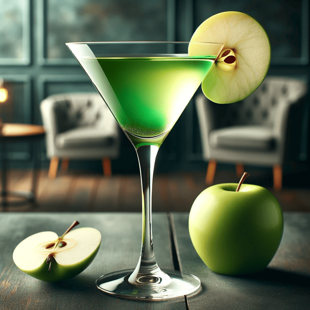 A Visually Appealing Image Of An Apple Martini Appletini Cocktail. The Cocktail Is Served In A Classic Martini Glass Showcasing A Vibrant Green Col