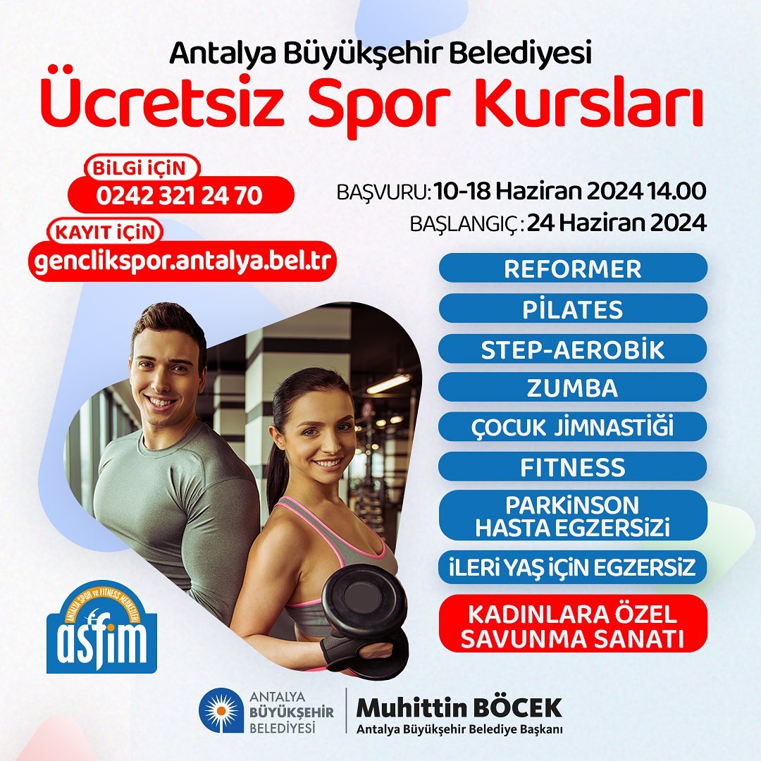 Antalya'da ücretsiz spor kursları başlıyor
