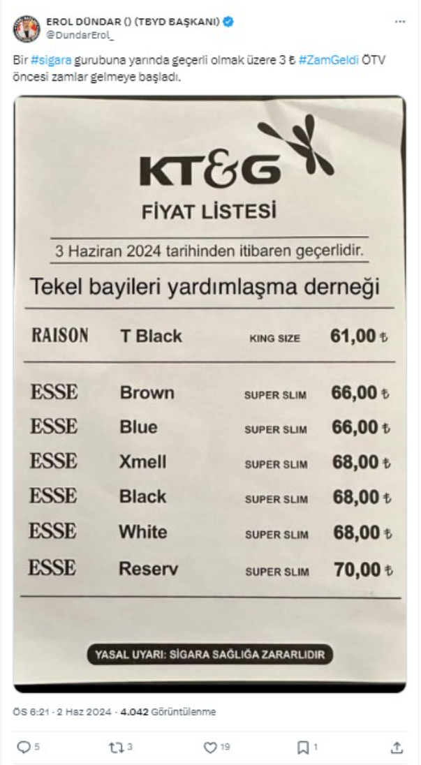 Sigara fiyatlarına yeni zam geldi