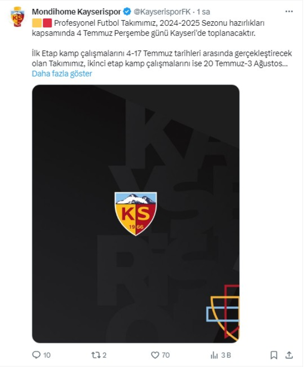 Kayserispor yeni sezon hazırlıklarına başlıyor