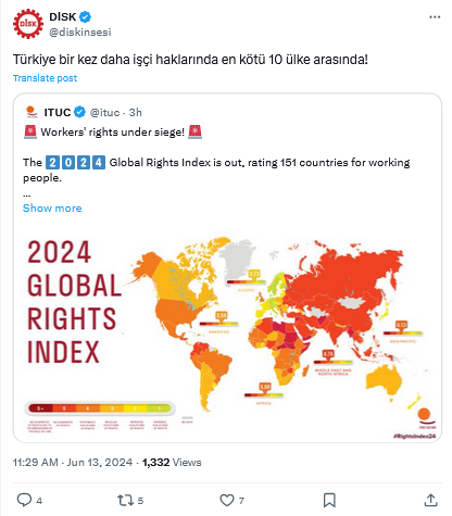 Screenshot 2024 06 13 At 15 13 22 (2) Di̇sk On X Türkiye Bir Kez Daha Işçi Haklarında En Kötü 10 Ülke Arasında! X