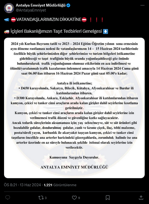 Screenshot 2024 06 13 At 23 18 35 (22) X'te Antalya Emniyet Müdürlüğü 📣 ⛔️Vatandaşlarimizin Di̇kkati̇ne⛔️ ❗️❗️❗️ 🚚 İçişleri Bakanlığımızın Taşıt Tedbirler[...]