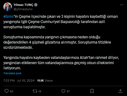 Adalet Bakanı Tunç Çeşme Yangını Açıklama