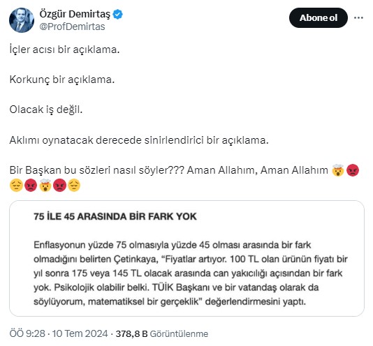 Prof. Özgür Demirtaş'tan TÜİK Başkanı'na sert tepki: 'İçler acısı'