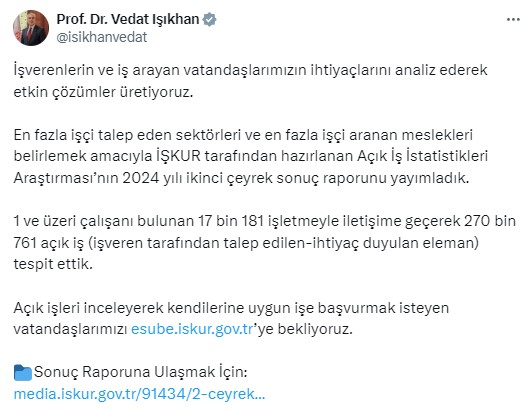 Bakan Işıkhan açıkladı! En fazla işçi aranan meslekler belli oldu