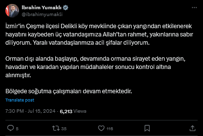 İbrahim Yumaklı Çeşme Yangını Açıklama