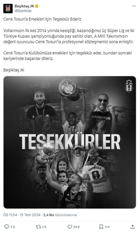 Beşiktaş Cenk Tosun için veda mesajı paylaştı