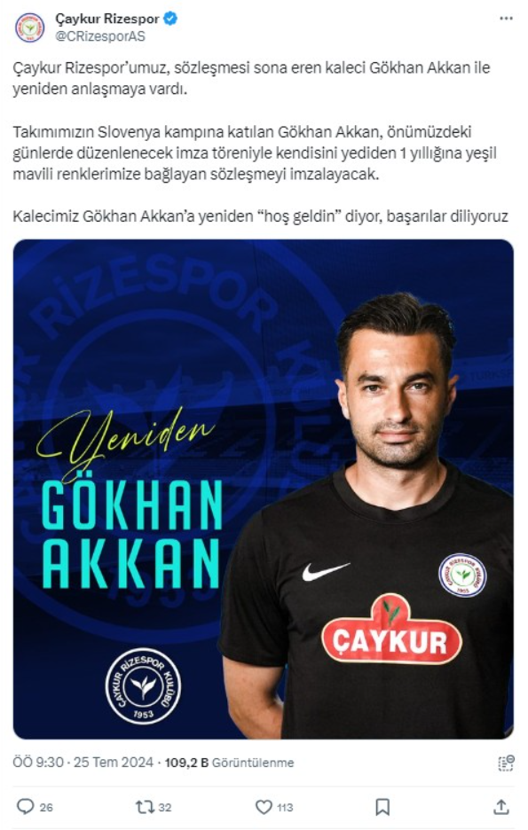 Rizespor Gökhan Akkan ile 1 yıllık sözleşme yeniledi