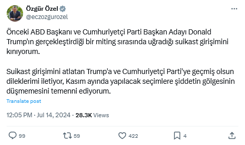 Özgür Özel'den Trump'a Suikast Girişimi Sonrası Geçmiş Olsun Mesajı 2