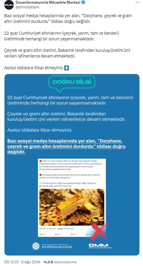 DMM 'Darphane Altın üretimini durdurdu' iddiasını yalanladı