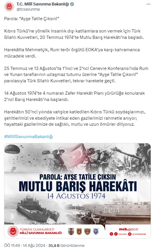 MSB'den paylaşım! 'Parola; Ayşe tatile çıksın'