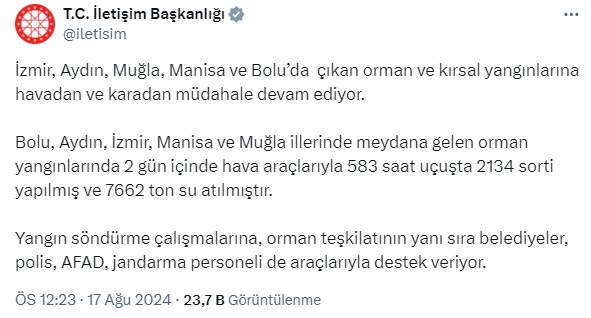 Hava araçları yangınlara iki günde 2 bin 134 sorti yaptı