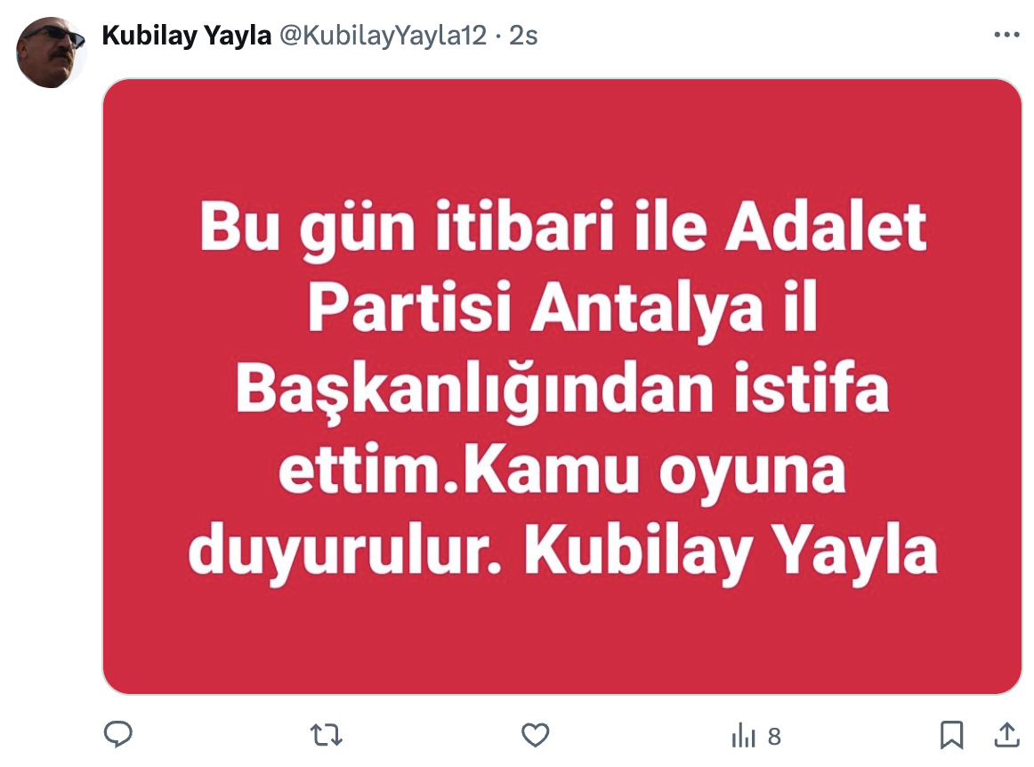 Adalet Partisi Antalya İl Başkanı Kubilay Yayla istifa etti