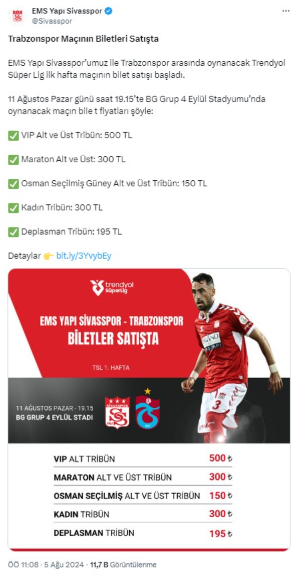 Sivasspor Trabzonspor maçının biletleri satışa çıktı