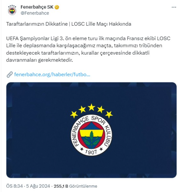 Fenerbahçe'den Lille maçı öncesi taraftarlara önemli uyarı!