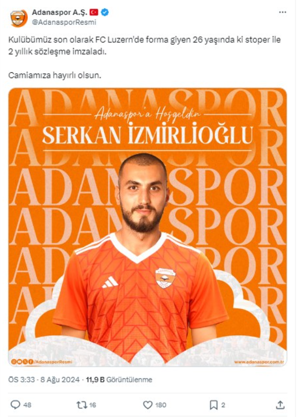 Adanaspor Serkan İzmirlioğlu'nu kadrosuna kattı