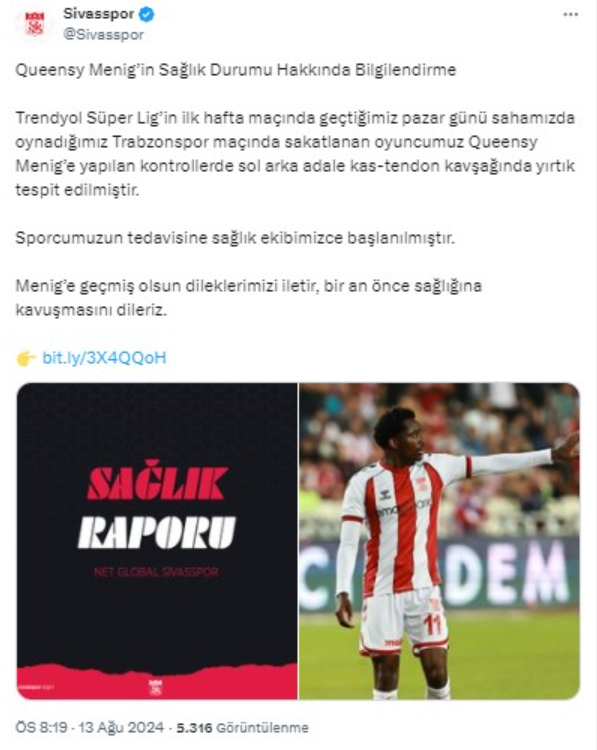 Sivasspor'da Menig sakatlandı