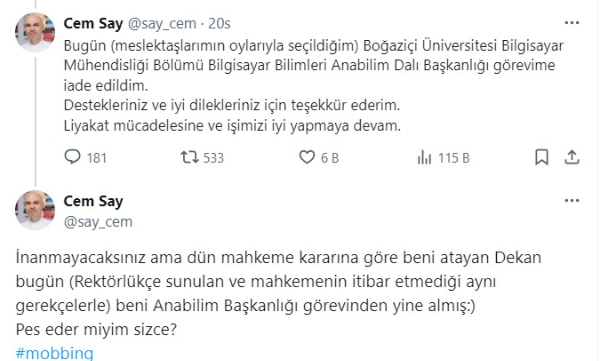 Boğaziçi Üniversitesi kayyum yönetimi Cem Say'ı yine görevden aldı