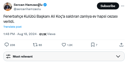 Screenshot 2024 08 18 At 14 35 14 (1) Sercan Hamzaoğlu On X Fenerbahçe Kulübü Başkanı Ali Koç’a Saldıran Zanlıya Ev Hapsi Cezası Verildi. X